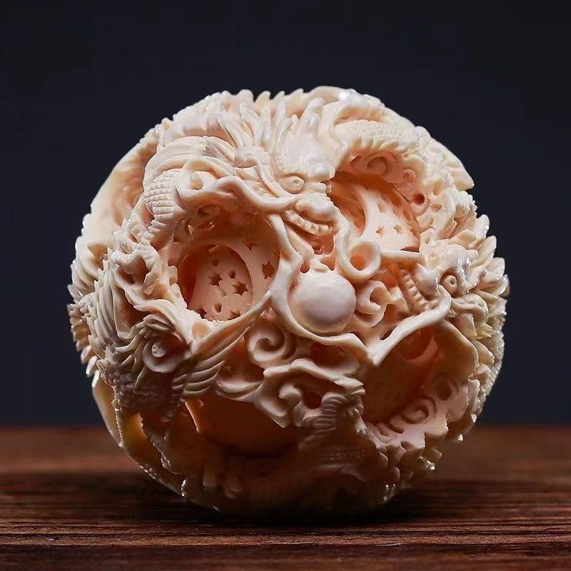 天然マンモス牙 彫刻 置物 オブジェ 鬼工球 精巧彫刻 球体 インテリア