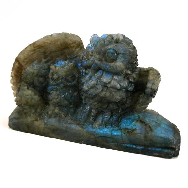ラブラドライト ふくろう 置物 彫り物 彫刻 カービング 梟 天然石