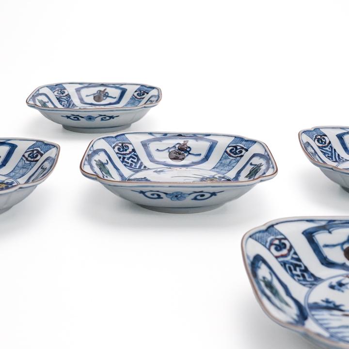 九谷焼 四方皿揃 染色桃花花鳥文 / 山本長左 【宮内庁御用窯】 5枚