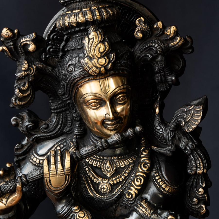 送料無料 クリシュナ クリシュナ像 神様像 ラーダ 真鍮黒塗仕上げ 特大