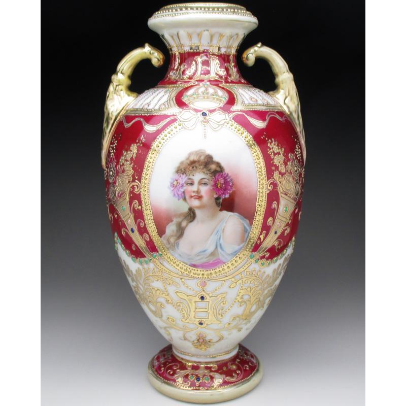 ノリタケ オールドノリタケ レッド地ジュール金盛りポートレート貴婦人