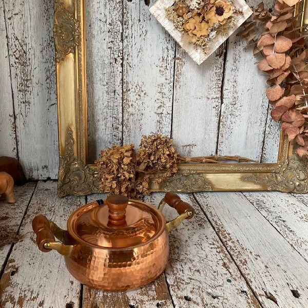 ≫70-80s ヴィンテージ 未使用*Shimamoto*槌目 純銅 両手鍋 16cm 1.2L