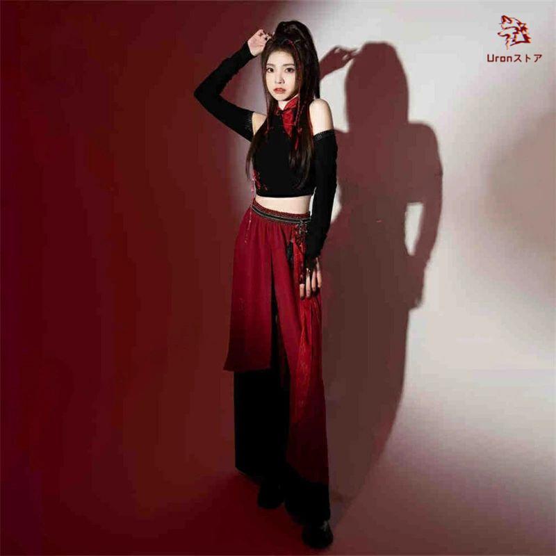 赤 黒 中華風 ダンス衣装 大人 セットアップ レディース k-pop へそ