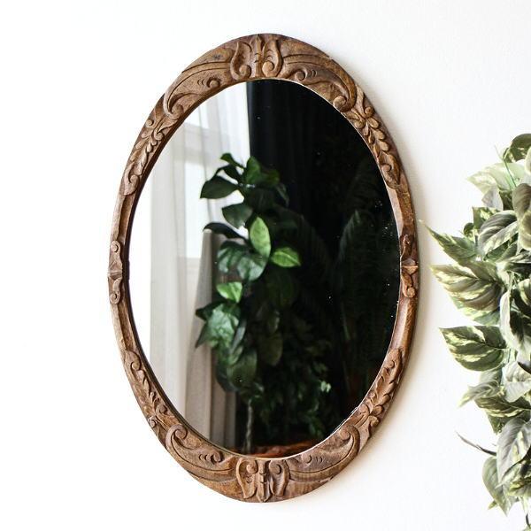 鏡 壁掛け 木製 ミラー 高さ70cm 楕円 彫刻 洗面 ウォールミラー 姿見