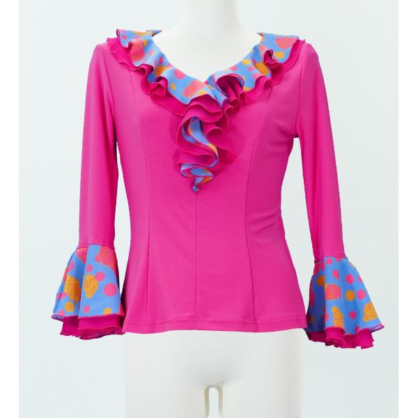 フラメンコ ローズ&水玉 フリル ブラウス ピンク×ブルー フリーサイズ