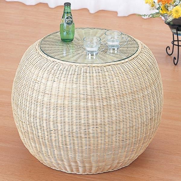 ラタンテーブル 丸型 ガラス天板 籐 ローテーブル 直径60cm