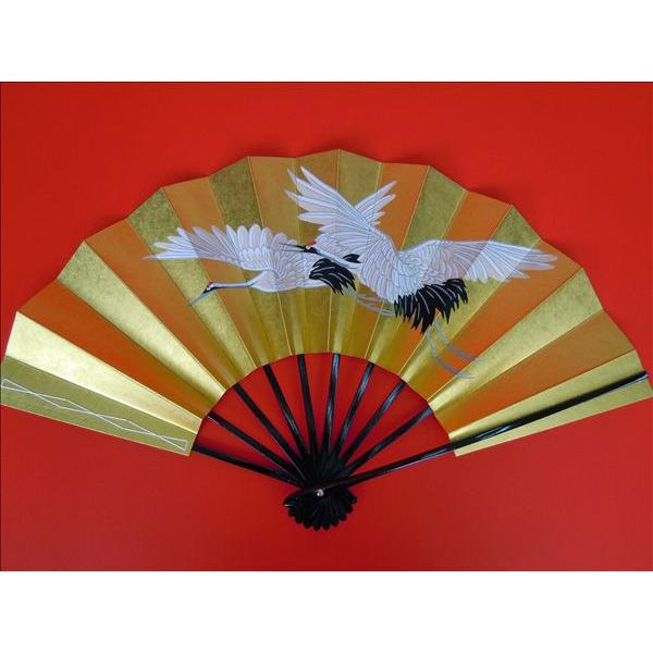 舞扇子 日本舞踊・踊り用 29cm 二羽鶴、金地、手書き 黒塗骨 箱付き
