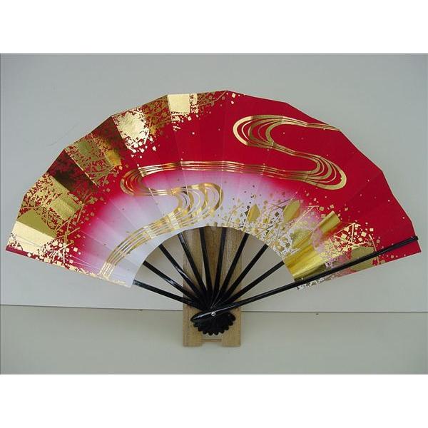 舞扇子 日本舞踊、踊り用 29cm 赤 金 流水 松葉 小石 竹-1328 黒塗骨