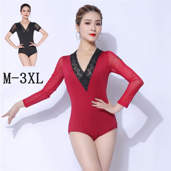 社交ダンス ダンスウェア 半袖 長袖 黒 赤 レオタード 社交ダンス衣装