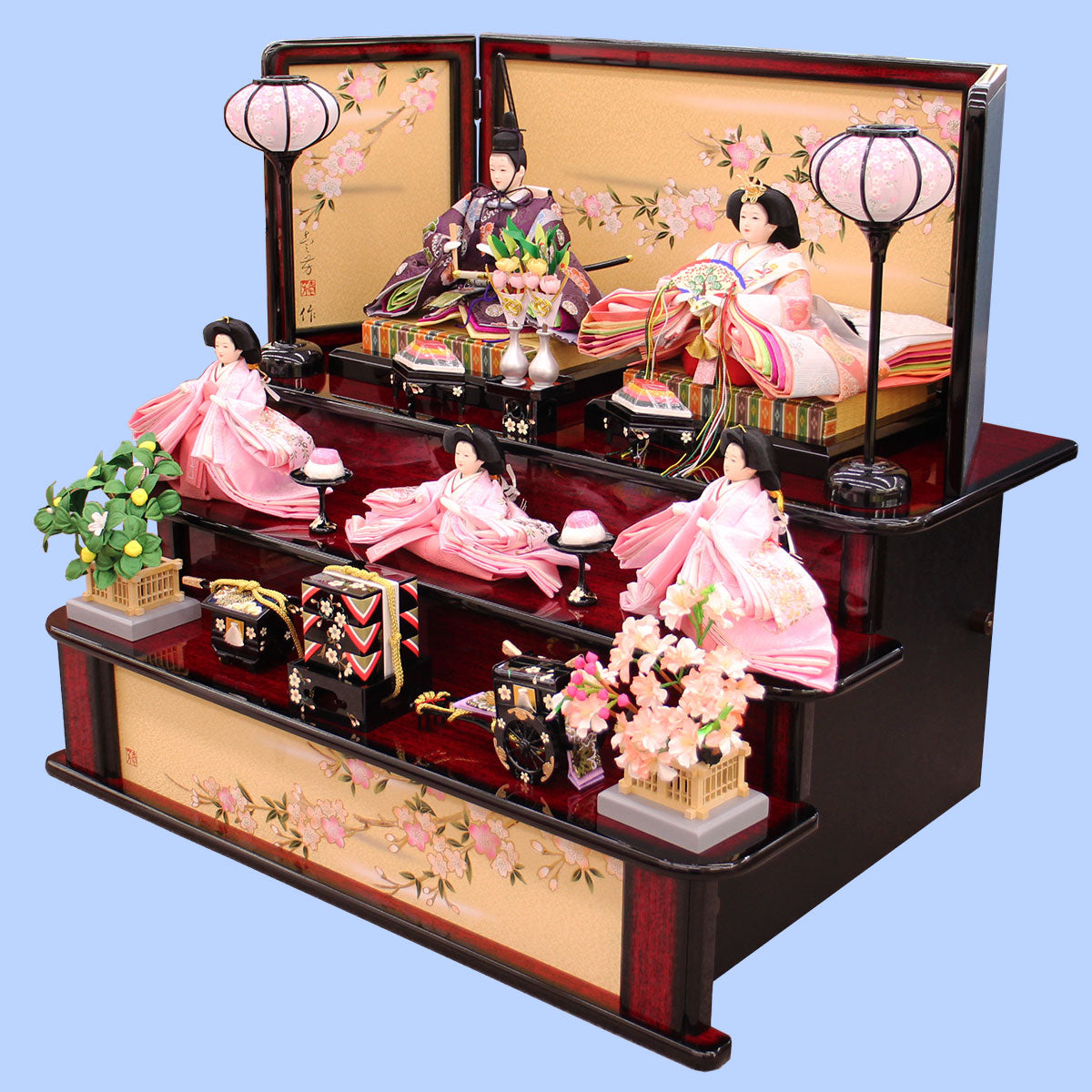 99雛人形三段飾り 三五金襴五人 家具調桜 – 寿鳳人形の東芸