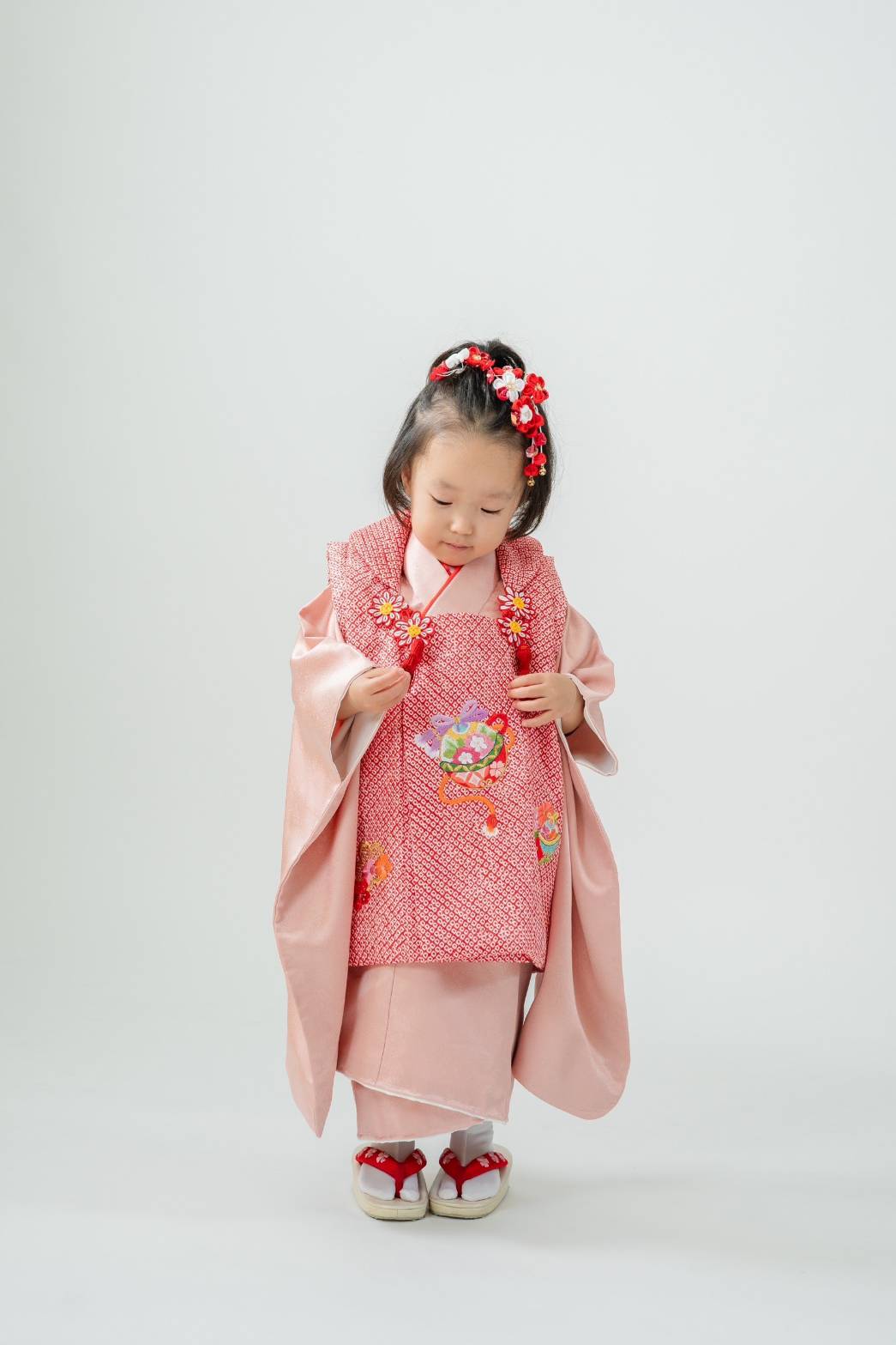 七五三の正絹着物レンタル】 三才の女の子用被布セット 着物：緑に