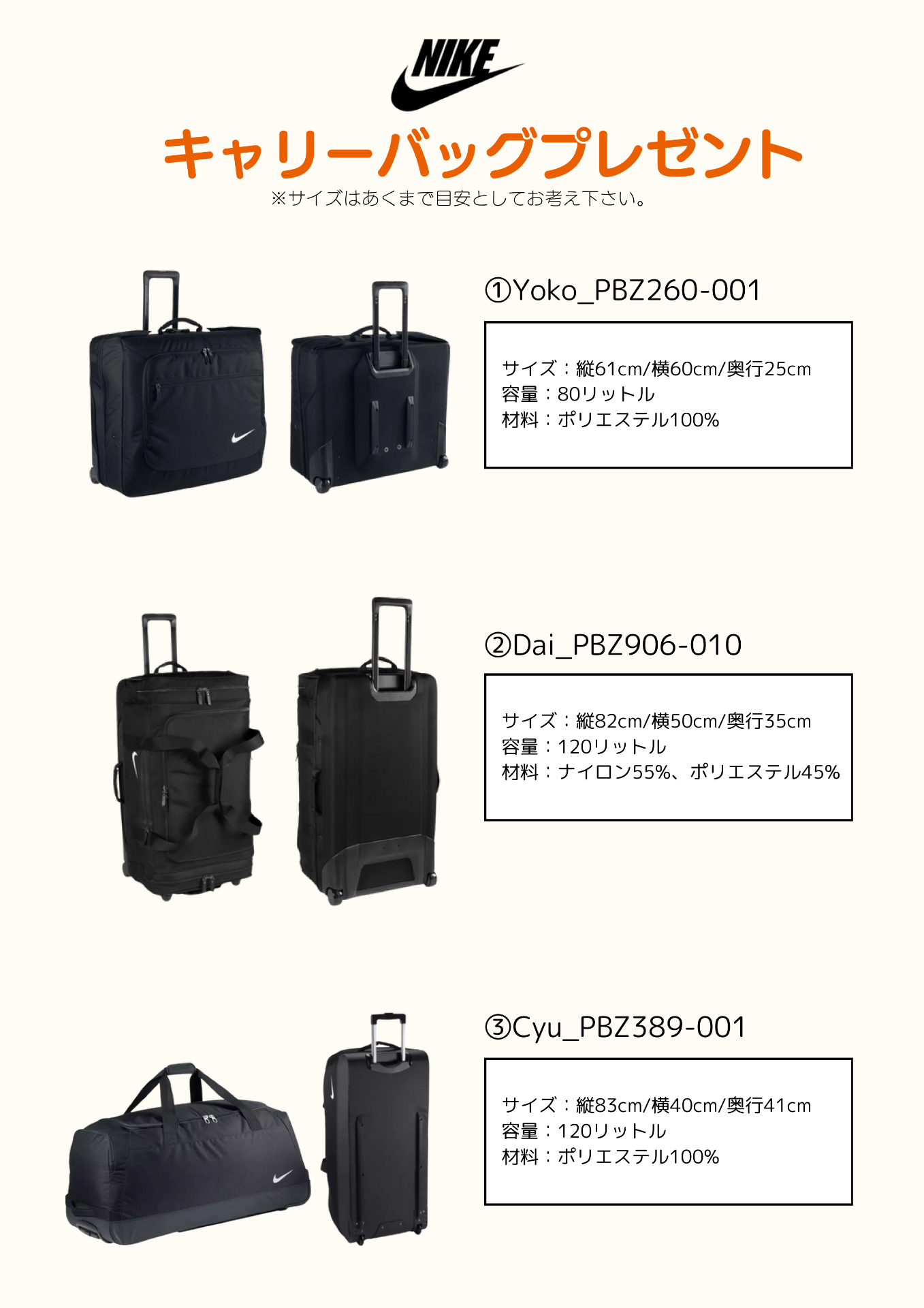 部活や学校行事にも使える、 NIKEのキャリーバッグをプレゼント！