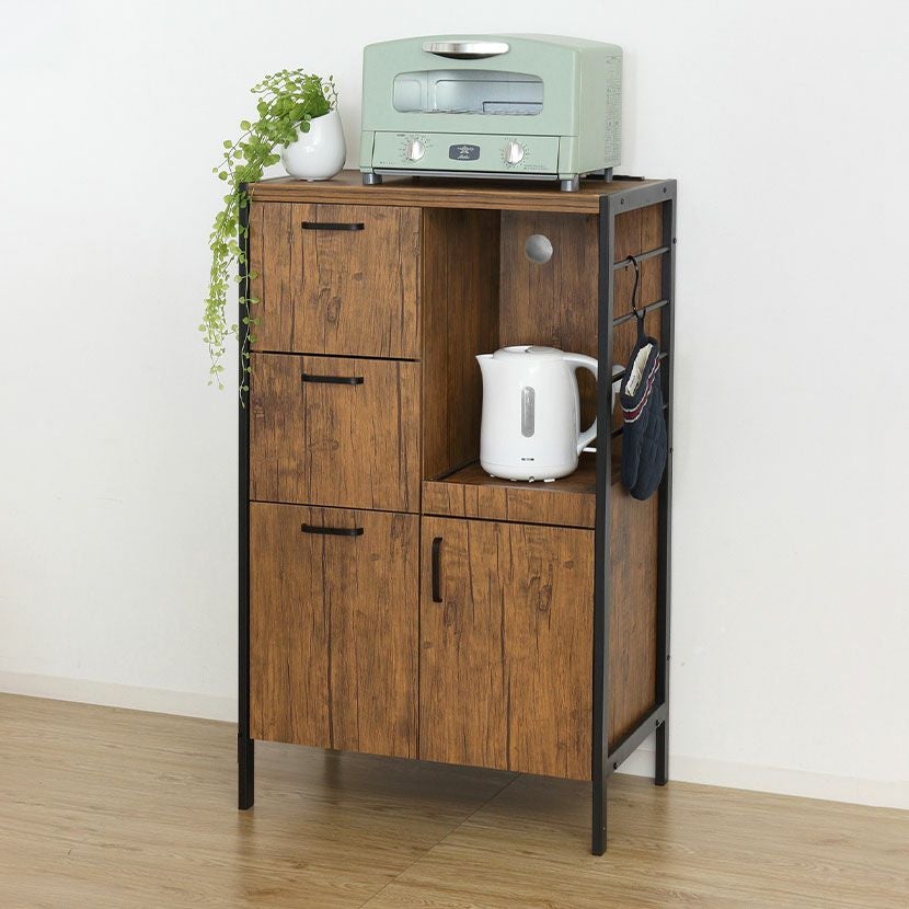 幅60cm 木目調 食器棚 アイアンウッド コンセント付き 引き出し 収納