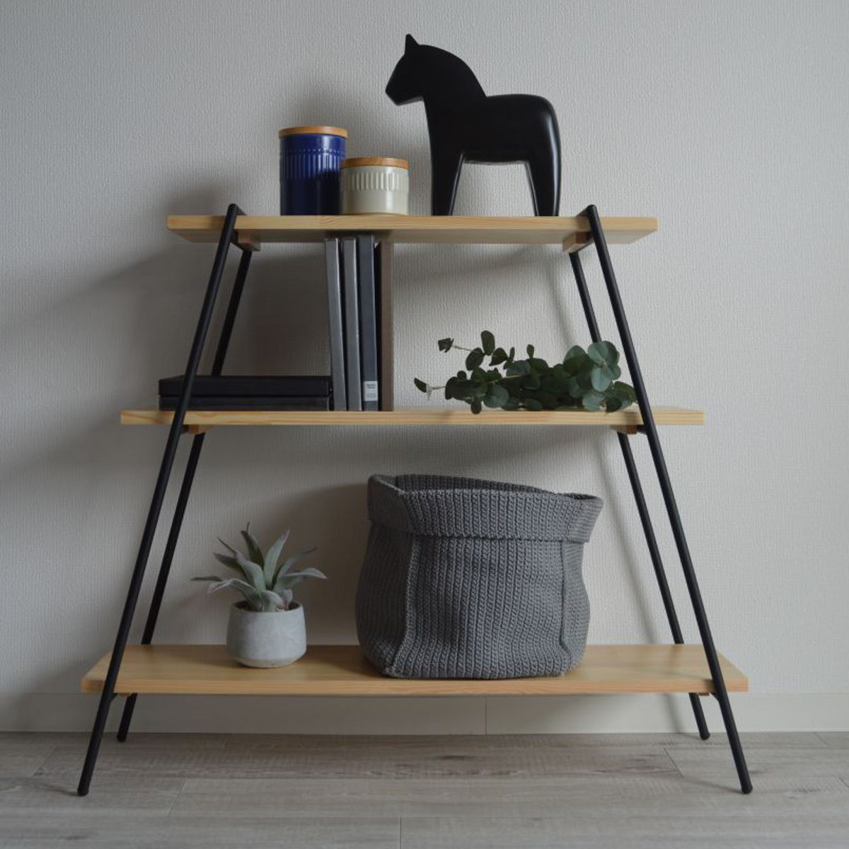 オープンラック 3段 天然木棚 アイアン脚 幅90cm （ オープンシェルフ