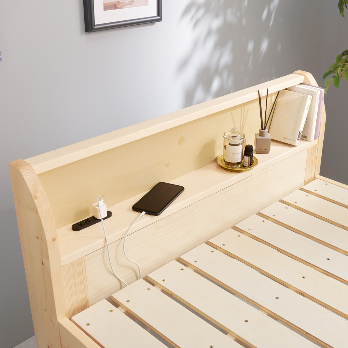 3分組立ベッド シングル 宮棚 2口コンセント付 高耐荷重 工具不要 天然