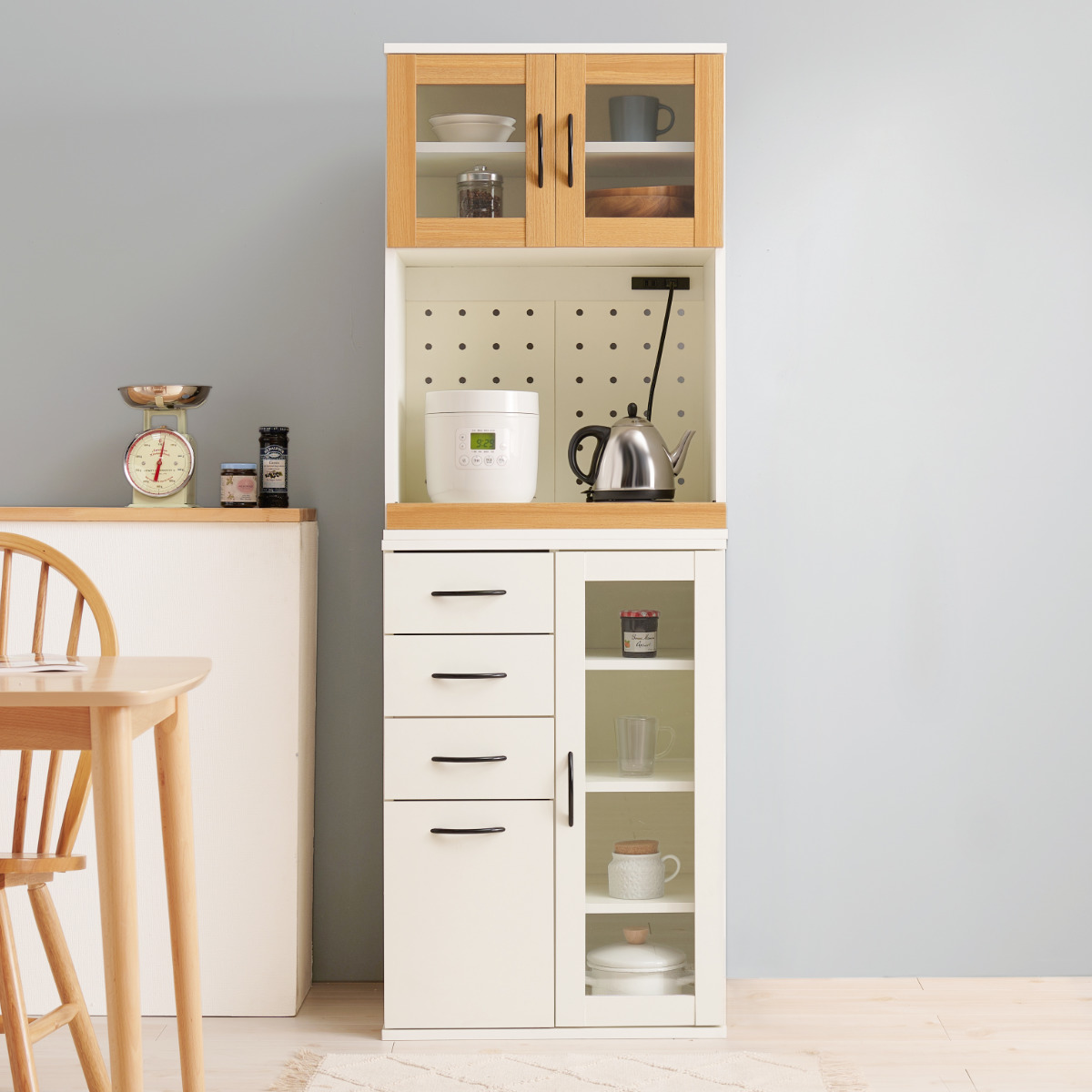 並べて使える 食器棚 幅60cm 2口コンセント スライド棚 Dタイプ