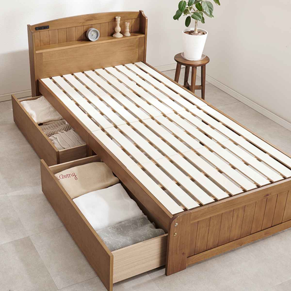 ベッド シングル 引出し2杯 すのこ 宮棚 2口コンセント付 天然木