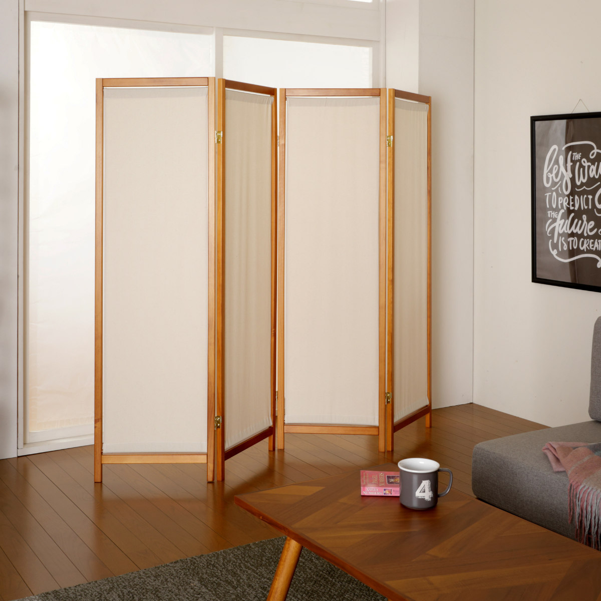 衝立 4連 高さ150cm 帆布 和風 天然木 完成品 （ パーテーション