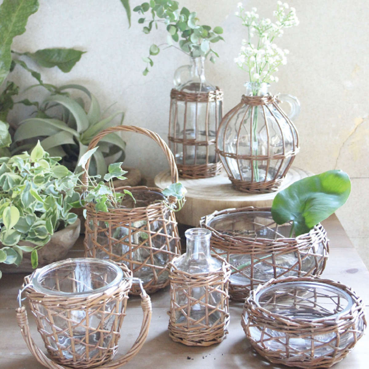 花瓶 FONTAINE かご編み ガラスフラワーベース ロング （ 花びん 花器