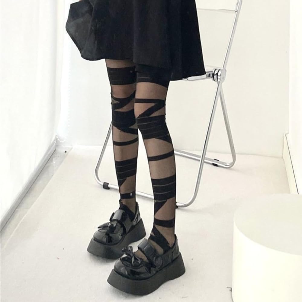 Amazon.co.jp: [LIMSE] 黒白 2点セット 包帯 ニーハイソックス