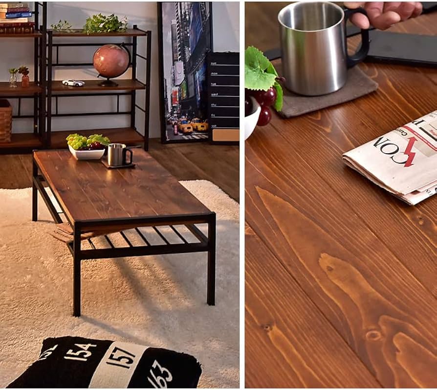 Amazon｜タンスのゲン テーブル 棚付き 幅90 ローテーブル 天然木