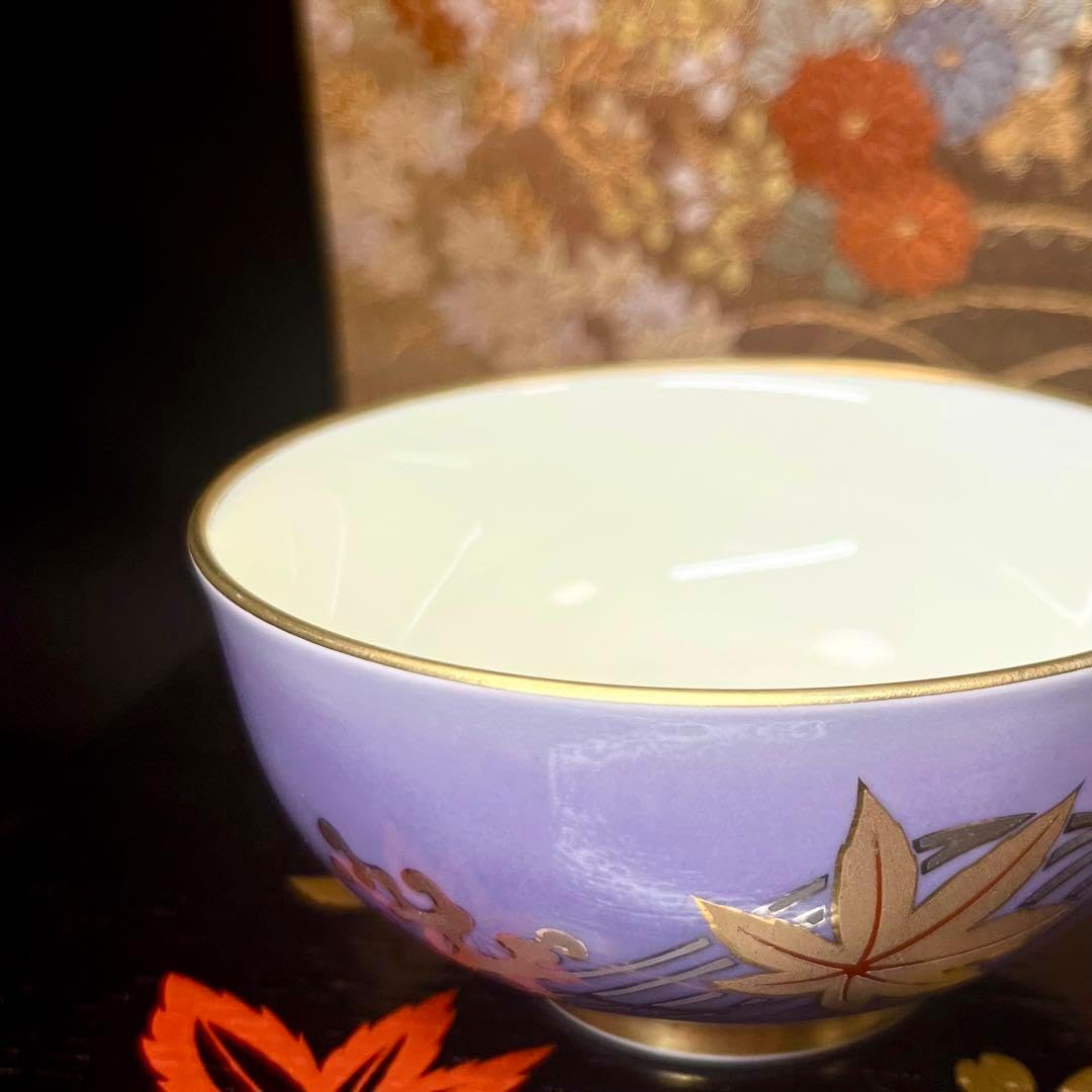 廃番 深川製磁 金プラチナ銀彩 紅葉流水紋 飯茶碗 飯碗 ご飯