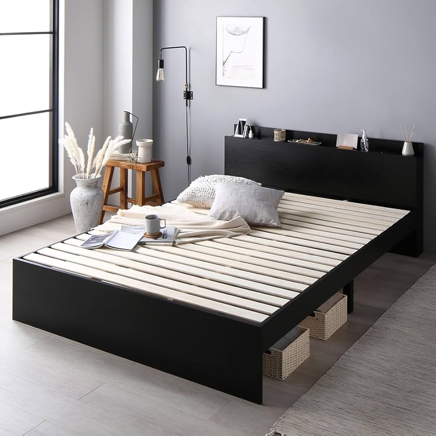 Amazon｜RASIK ベッド セミダブル フレームのみ ブラック 棚