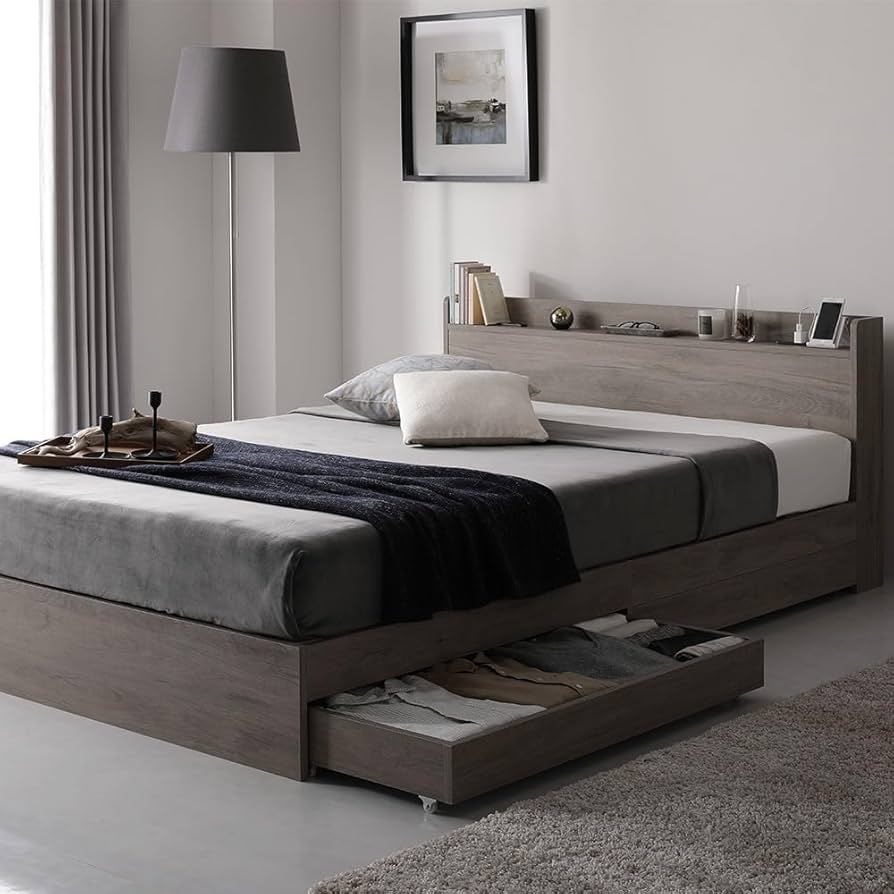 Amazon｜RASIK ベッド ダブル フレームのみ グレージュ 収納付き