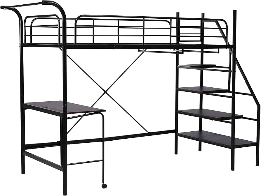 Amazon｜ロフトベッド パイプベッド 階段付き 折りたたみデスク付き