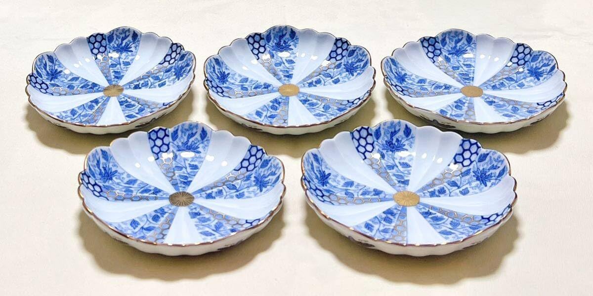 Amazon.co.jp: 有田焼 西山窯 古伊万里 金彩 染付亀甲唐草文 菊割小皿5