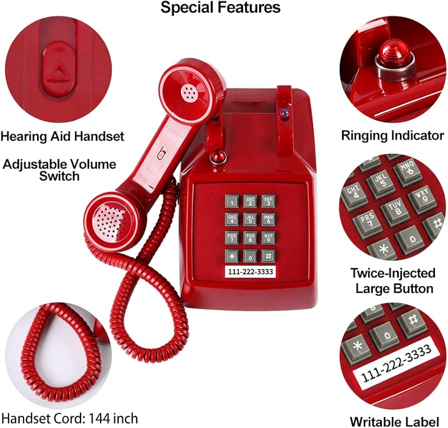 Amazon | 伝統的な赤い固定電話、レトロなコード付き電話の可視