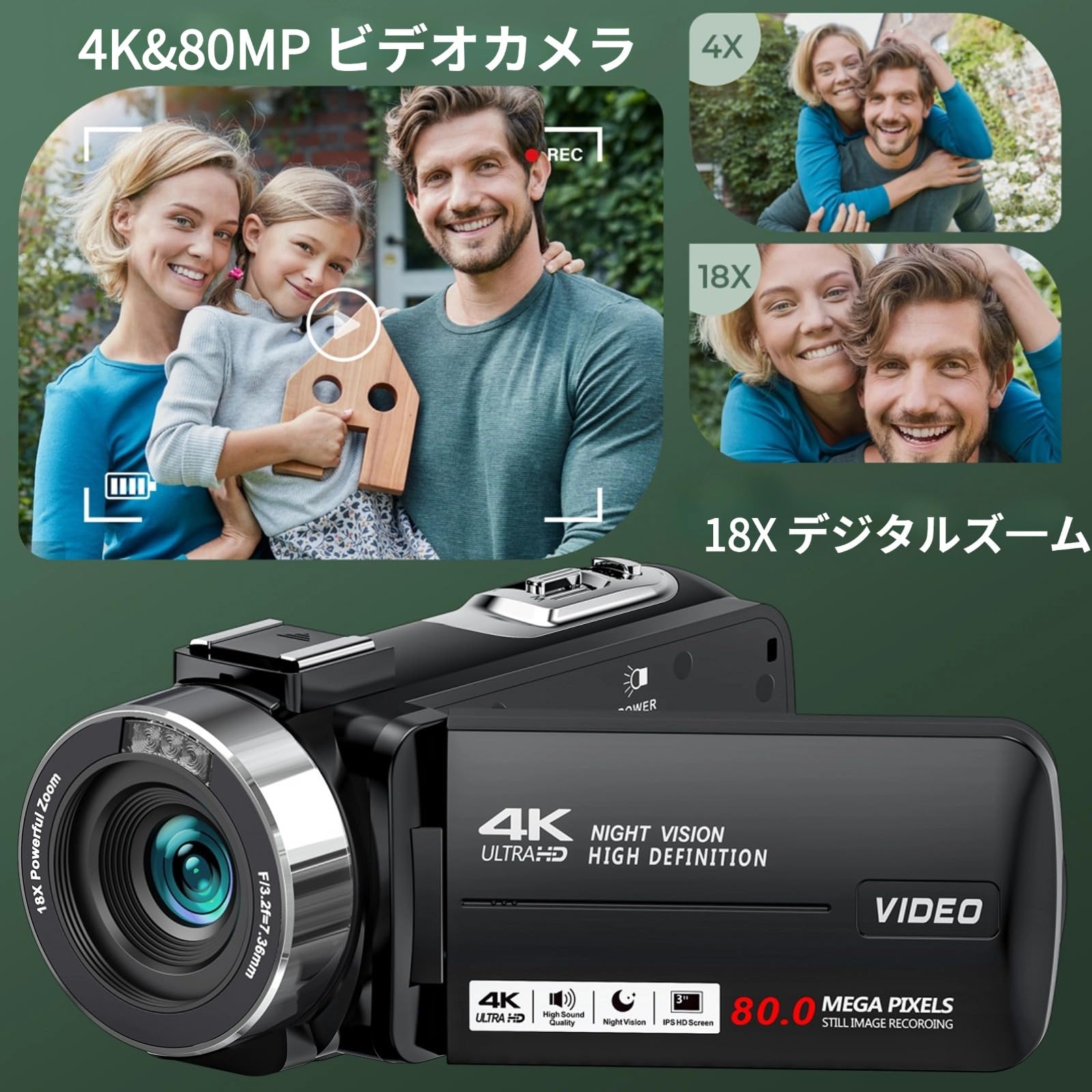 Amazon | ビデオカメラ 4K録画 8000万画素 3.0インチIPS HD画面