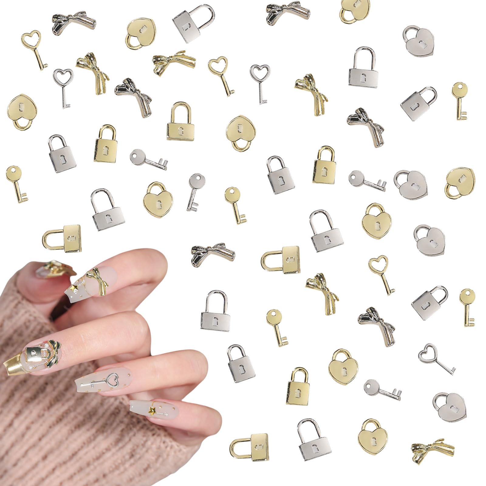 Amazon | ネイルパーツ 60個セット 鍵 ロック リボン ハート 3D立体