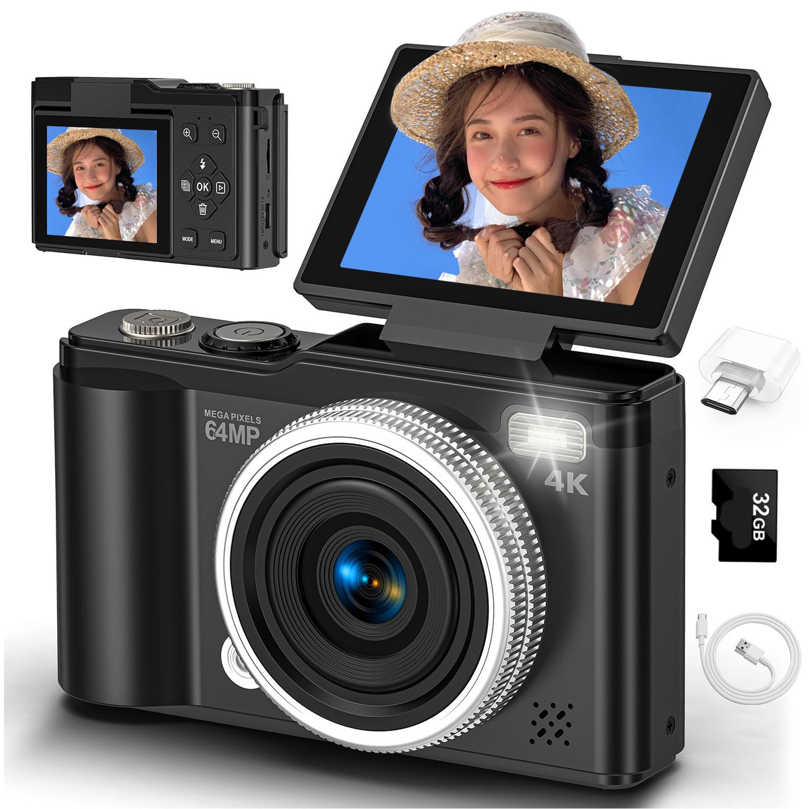 Amazon | デジカメ 4K デジタルカメラ 6400万画素 180度回転可能