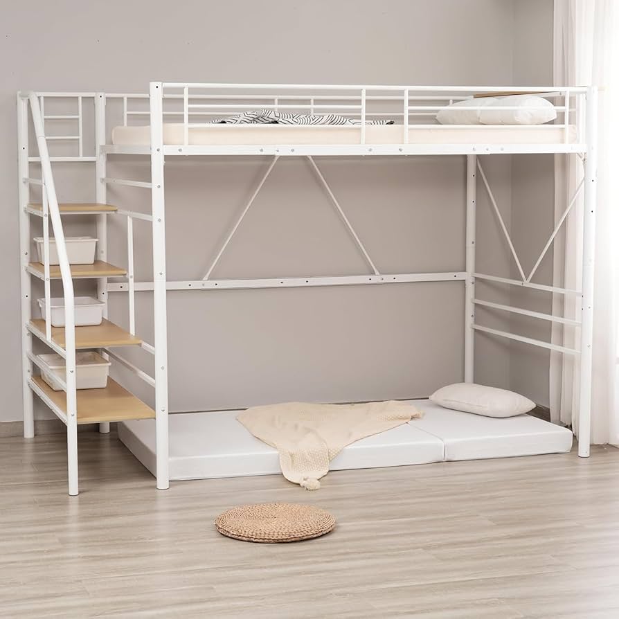 Amazon｜ロフトベッド S パイプベッド シングル ベッド 階段付き