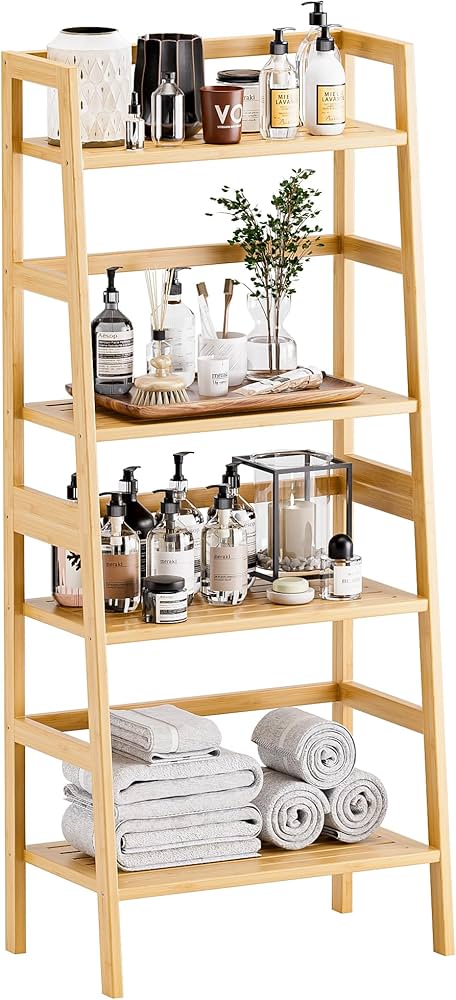 Amazon.com: HITNET Ladder Shelf, 4-Tier Bookshelf, Bamboo Leaning