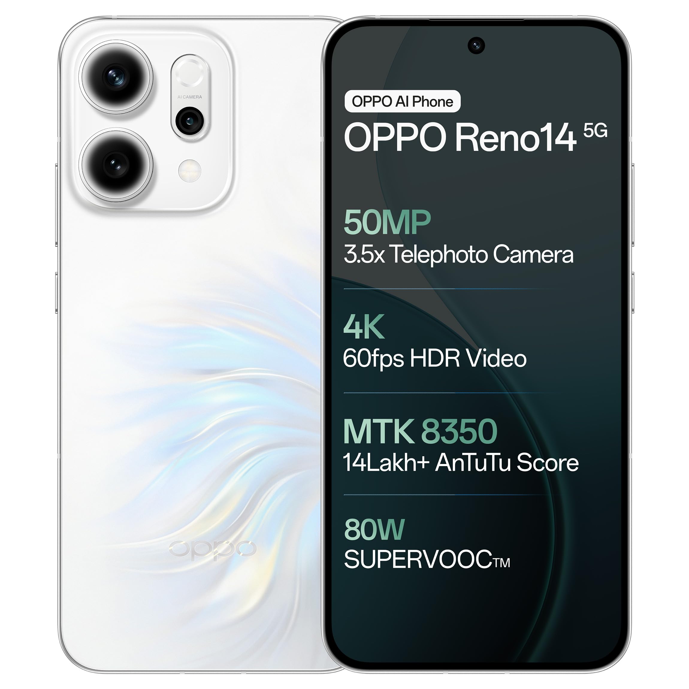 Oppo Reno14 5G (Pearl White, 8GB RAM, 256GB Storage) with No Cost