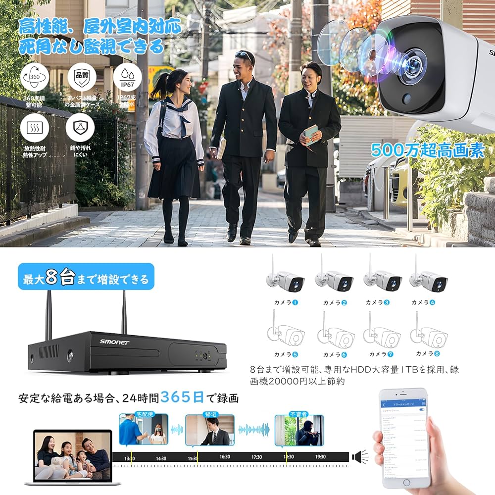 Amazon.co.jp: SMONET防犯カメラ ワイヤレス 8台増設可【500万画質対応