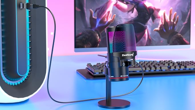 Amazon.com: ZealSound 電競USB 麥克風,降噪電容麥克風,帶RGB 燈,觸控