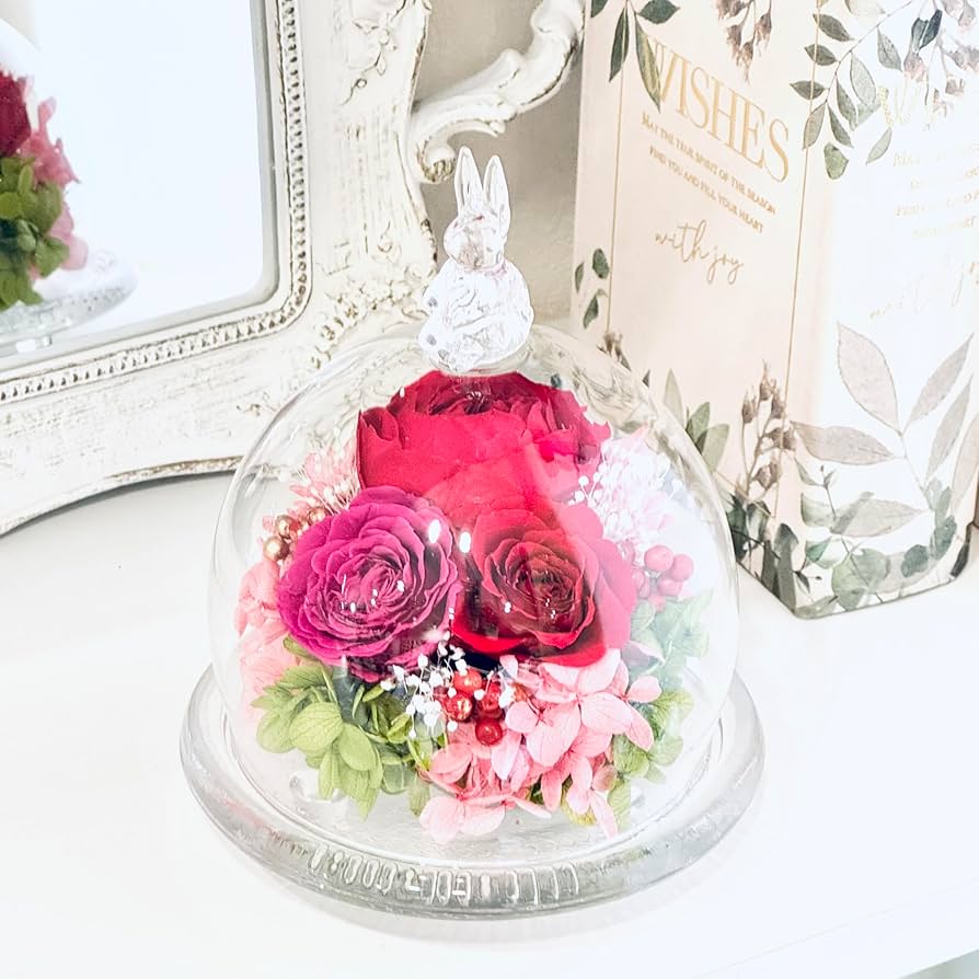 Amazon｜プリザーブドフラワー ガラスドーム (クイーンレッド, ウサギ