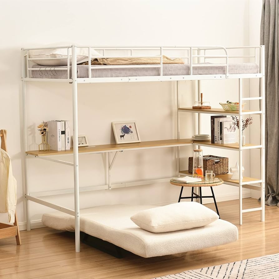 Amazon｜多機能ロフトベッド シングルサイズ パイプベッド 収納棚付き