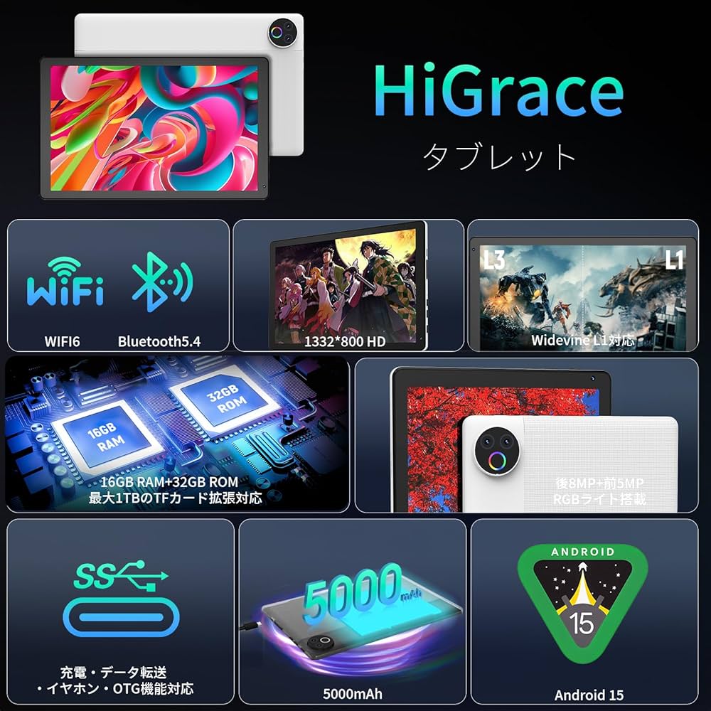 Amazon.co.jp: HiGrace タブレット 10インチ Android15 Wi-Fi6モデル