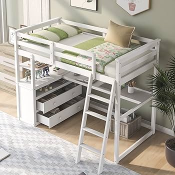 Amazon｜フルサイズ木製ロフトベッド、L字型デスク/内蔵引き出し2つ/棚
