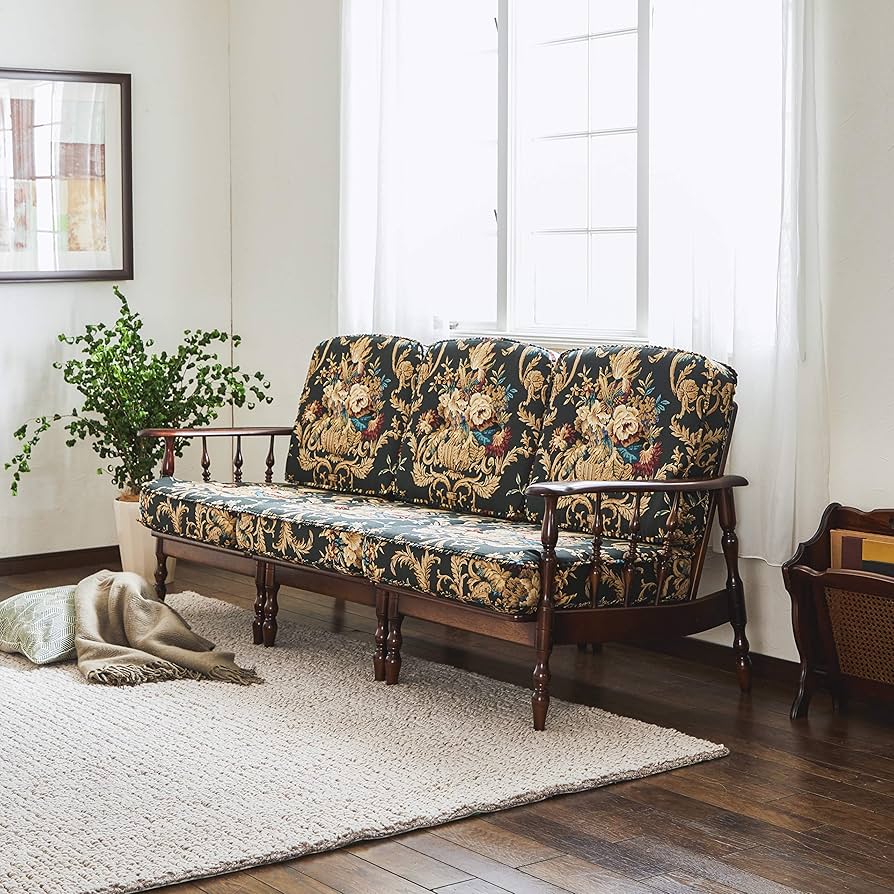 ③リメイク品尾州生地ホワイト座面カリモクコロニアルアームソファNI