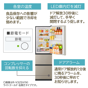 Amazon | 日立 冷蔵庫 幅54cm 315L ライトゴールド R-V32SV N 3ドア 右