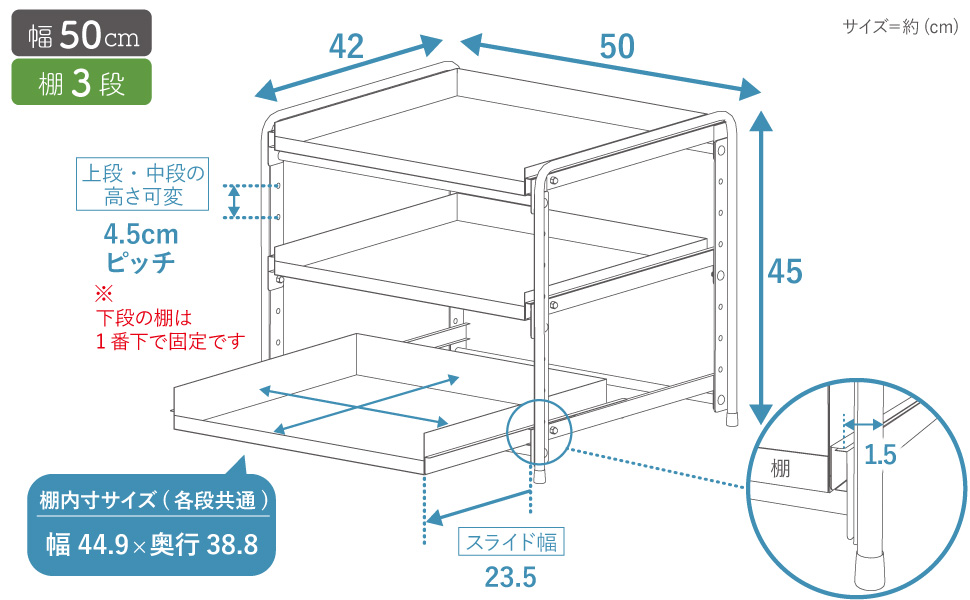 Amazon.co.jp: 川口工器 シンク下 スライドラック 日本製 (幅50cm 棚3