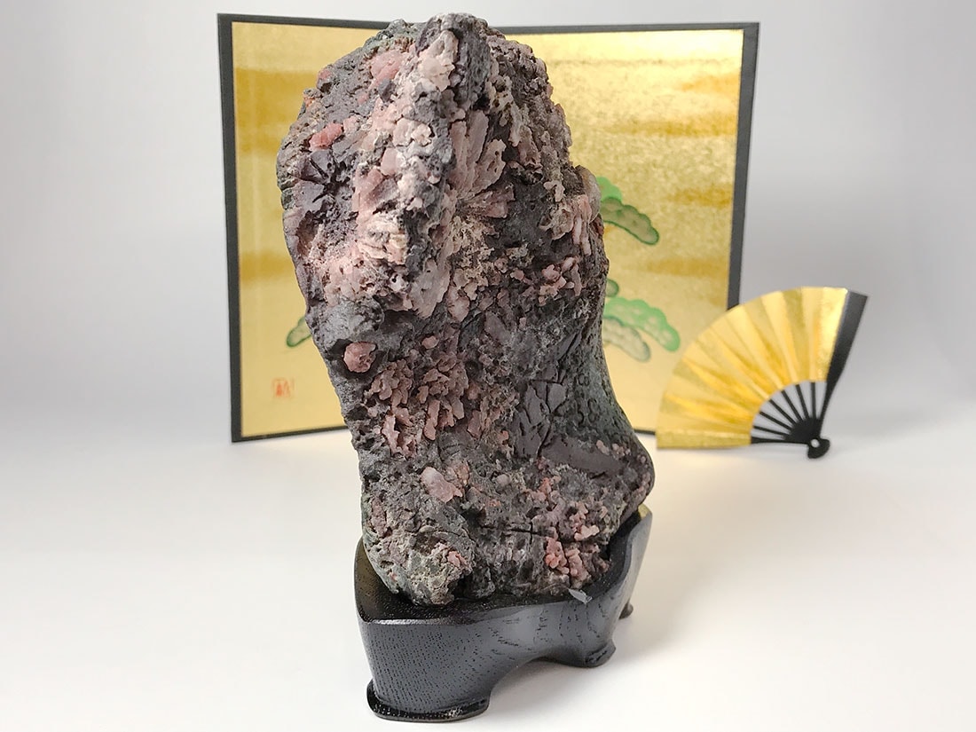 4F 希少 天然 菊花石 観賞石 盆石 水石 木製台座付き 置物 インテリア