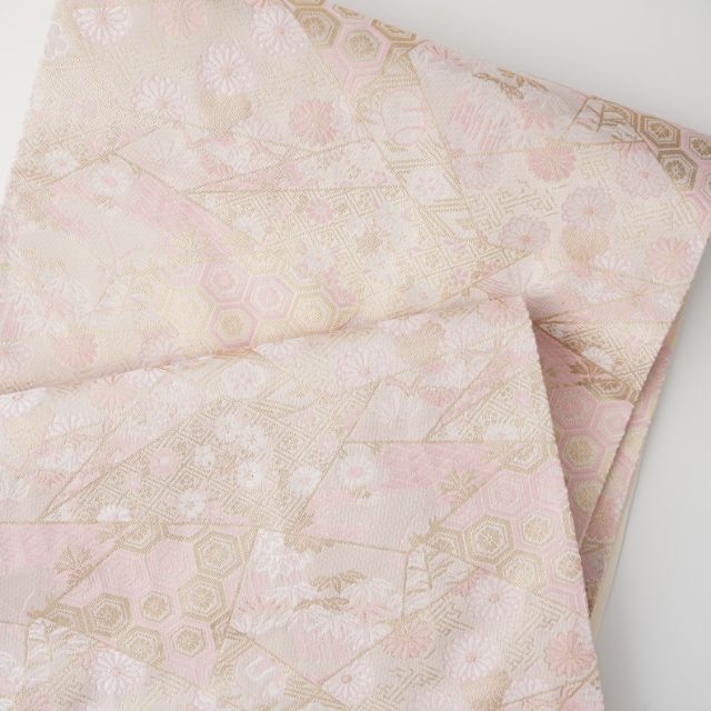 西陣織 菊と亀甲花菱紋 シャンパンゴールド×ピンクテーブルランナー