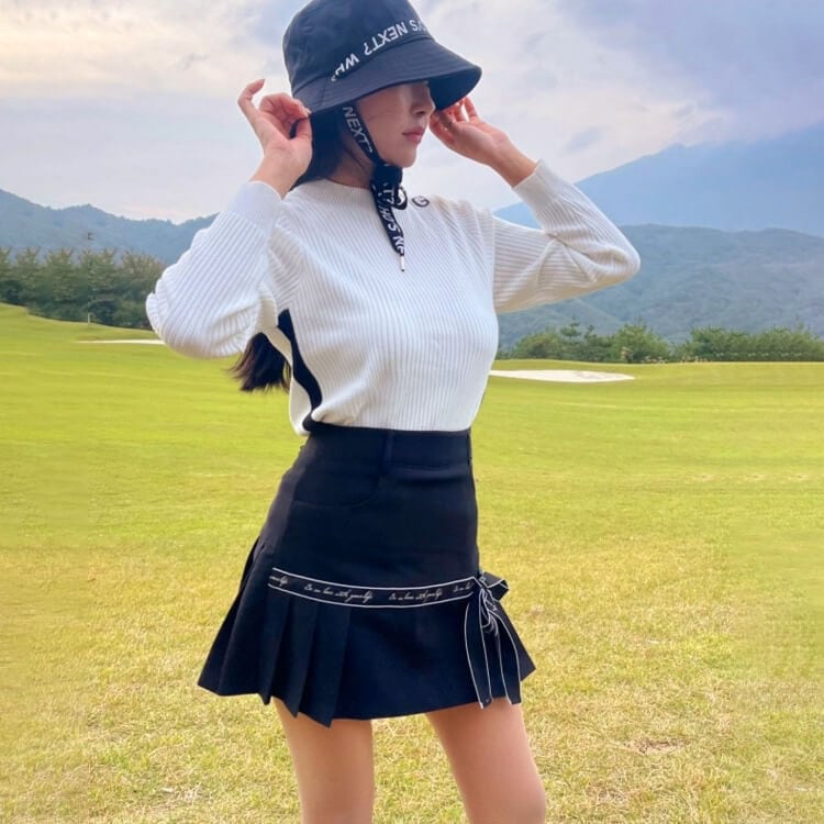 韓国ゴルフウェア インナー付 バイカラーリボン プリーツ | スポーツ