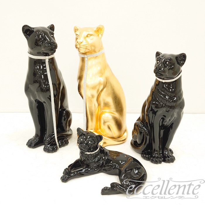 イタリア製 陶製置物 黒ヒョウ lying with collar｜VO-71194CNL